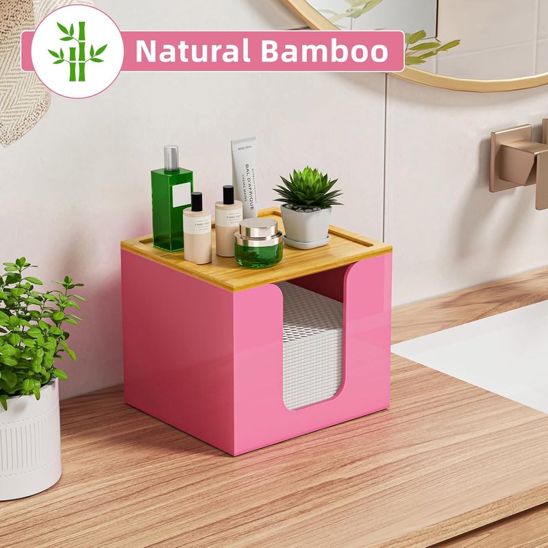 VITVITI Disposable Face Towel Holder Box, Acrylic Facial Towel Container for XL Clean Skin Club, Large Disposable Face Towels Storage with Bamboo Lid, for Bathroom, Vanity Makeup, Pink - Image 3